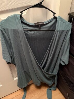 YMI Teal Ribbed Wrap Tie-Front Short Sleeve Top